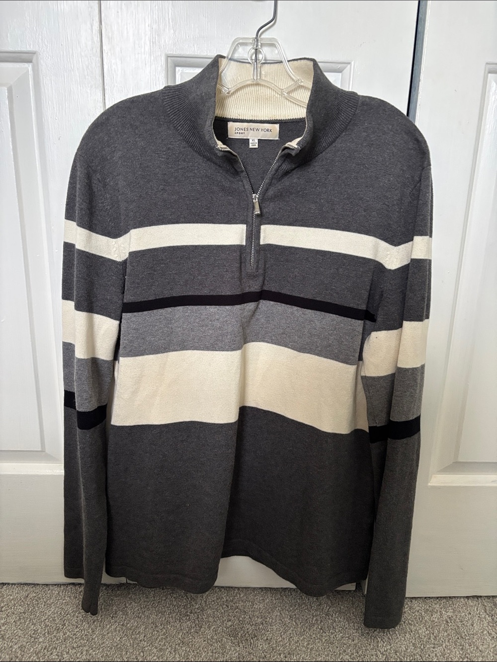 Jones New York Men’s Charcoal, Ivory & Black Striped Zip-Up Sweater